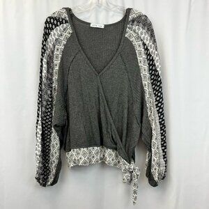 Allie Rae Womens Waffle Knit Top Multicolor Long Sleeve Side Tie Wrap Boho XS